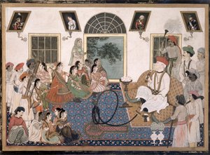 أوروبي ، على الأرجح السير ديفيد أوشتيرلوني (1758-1825) ، يرتدي الزي الهندي ، ويدخن النرجيلة ويشاهد نوتشًا في منزله في دلهي ، حوالي 1820 (حبر ولون على ورق) بواسطة المدرسة الفارسية
