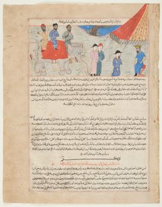 سفارة هندية أمام السلطان محمود غزنة، من quot;مجمل التواريخquot; لحافظ أبرو، ج.١٤٢٥ (حبر وألوان مائية مع ذهب على ورق) بواسطة المدرسة الفارسية