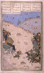 بهرام تشوبينا ، قتله الفيل ، معارك على الأقدام ، توضيح من Shahnama (كتاب الملوك) ، من قبل أبو القاسم مانور فردوسي (c.934-c.1020) c.1440-45 (القلم والحبر والمرحاض على الرق) بواسطة المدرسة الفارسية