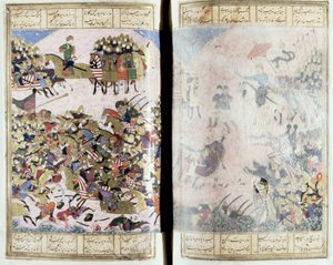 معركة بين Isfandiyar و Arjasp ، التوضيح من Shahnama (كتاب الملوك) ، من قبل أبو القاسم مانور فردوسي (c.934-c.1020) c.1440-45 (قلم وحبر ومرحاض على الرق) بواسطة المدرسة الفارسية
