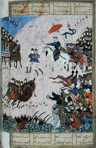 المعركة بين إسفنديار وأرجاسب ، رسم إيضاحي من الشاهنامه (كتاب الملوك) لأبي القاسم منصور الفردوسي (934 - 1020) حوالي 1440 - 1445 (قلم وحبر وألوان مائية على ورق) بواسطة المدرسة الفارسية