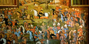 معركة طاهر آباد أو معركة ميرف بفوز شاه إسماعيل الأول على محمد شيباني خان ، قاعة الاستقبال ، شهل سوتن ، 1647 بواسطة المدرسة الفارسية