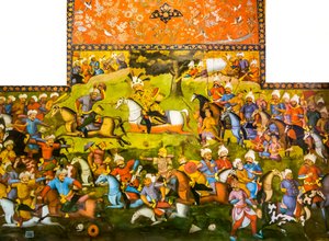 معركة طاهر آباد أو معركة ميرف بفوز شاه إسماعيل الأول على محمد شيباني خان ، قاعة الاستقبال ، شهل سوتن ، 1647 بواسطة المدرسة الفارسية
