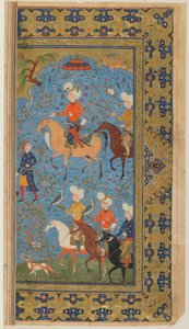 فوليو من شاهناما (كتاب الملوك) للفردوسي ؛ هانت ملكي ، إيران ، c.1590-1600 (ألوان مائية مبهمة ، حبر وذهب على ورق) بواسطة المدرسة الفارسية