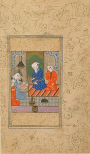 ورقة من يوسف وزليخة بواسطة جامي (ت. 1492) ؛ زليخة ورجل مسن يستمعان إلى محادثة ، ربما مشهد ، إيران ، c.1560-70 (ألوان مائية مبهمة وحبر وذهب على ورق) بواسطة المدرسة الفارسية