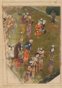 الورقة من Zafarnama ؛ المستقيم: تيمور يمنح جمهورًا بمناسبة انضمامه إلى العرش في بلخ ؛ بالعكس: نص ، شيراز ، إيران ، الفترة التيمورية ، 1436 (ألوان مائية مبهمة ، حبر وذهب على السلطة الفلسطينية) بواسطة المدرسة الفارسية