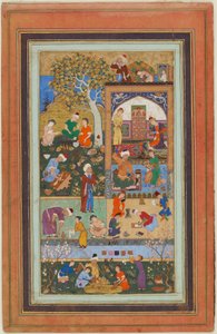 فوليو من ألبوم ؛ مشهد مدرسي ، تبريز ، إيران ، الفترة الصفوية ، حوالي 1540 (ألوان مائية مبهمة ، حبر وذهب على ورق) بواسطة المدرسة الفارسية