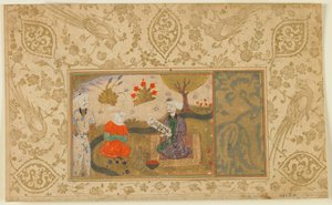 الورقة من نص مجهول ؛ امرأة تتحدث مع رجل جالس من تيار ، إيران ، c.1500 (ألوان مائية مبهمة وحبر وذهب على ورق) بواسطة المدرسة الفارسية