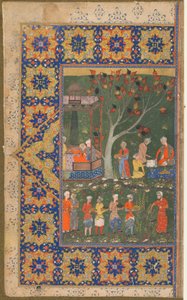 الورقة من نص مجهول ؛ المستقيم: حفلة في حديقة ، شيراز ، إيران ، c.1570 (ألوان مائية مبهمة ، حبر وذهب على ورق) بواسطة المدرسة الفارسية