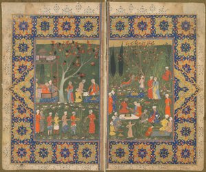 الورقة من نص مجهول ؛ بالعكس: حفلة في حديقة ، شيراز ، إيران ، c.1570 (ألوان مائية مبهمة ، حبر وذهب على ورق) بواسطة المدرسة الفارسية