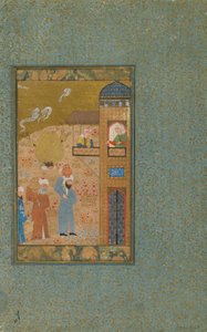 الورقة من نص مجهول ؛ الصورة: رجلان يحملان أباريق يقتربان من مبنى ، شيراز ، إيران ، c.1520 (ألوان مائية مبهمة ، حبر وذهب على ورق) بواسطة المدرسة الفارسية