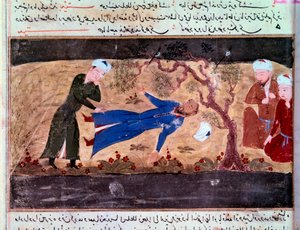 تاريخ المغول: وفاة محمد حوارزمشاه. مخطوطة "" مجموع القصص (جامع التفاريخ) "(ورقة 60 ظ) بقلم رشيد الدين فضل الله (فضل الله) حمداني بواسطة المدرسة الفارسية