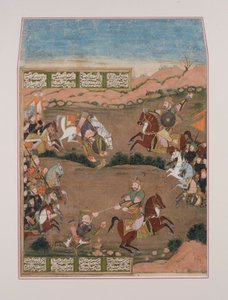 كاي خسرو يطلق النار على قارا خان ، من شاهناما (الغواش على الورق ، تجميل الذهب) بواسطة المدرسة الفارسية