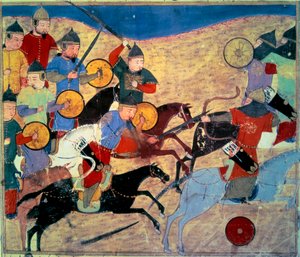 تسرب نوقاي (كارا نوجاي خان (نوغاي ، نوكاي ، نوخاي ، نوجاي ، الحفيد الأكبر لجنكيز خان ، توفي عام 1299). فرسان منغوليون. مخطوطة فارسية مرسوم عليها "" مجموع القصص (جامع التفاريخ) " (الورقة ١٥٥ ظ) بقلم رشيد الدين فضل بواسطة المدرسة الفارسية