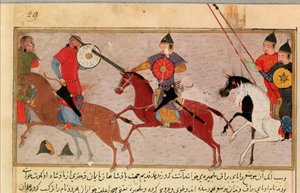 السيدة Pers.113 f.29 جنكيز خان (c.1162-1227) محاربة التتار ، من كتاب رشيد الدين (1247-1318) (الغواش) بواسطة المدرسة الفارسية