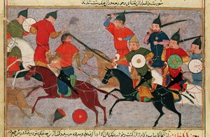 السيدة Pers.113 f.49 جنكيز خان (c.1162-1227) في المعركة ، من كتاب رشيد الدين (1247-1318) (الغواش)