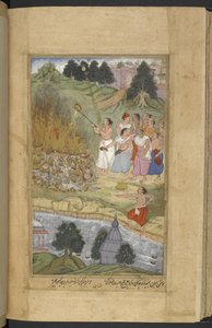 Or.12076 f.130v Arjuna حرق الجثث بعد المعركة بين Andhakas و Yadavas في Prabhasa على ساحل ولاية غوجارات. يُسكب السمن على المحرقة الجنائزية (نارايان) من Razmnāmah (Book of Warʼ) ، ترجمة لماهابهاراتا من قبل النقيب بواسطة المدرسة الفارسية