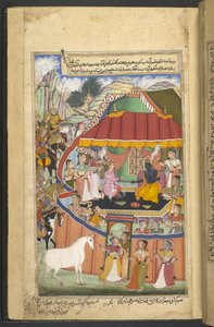 Or.12076 f.17r يتم اصطحاب الحصان إلى "zanana" حتى تتمكن زوجات Krishna وسيدات Pandava من رؤيته. كريشنا يشرب مع Yudhisthira. (بهاجوان) من "Razmnāmah" (Book of Warʼ) ، ترجمة Mahabharata بواسطة النقيب خان بواسطة المدرسة الفارسية