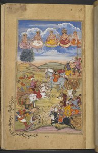 Or.12076 f.76r معركة بين جيشي أرجونا وتامرادفاجا. براهما وآلهة أخرى في السماء. (فقرات) من 