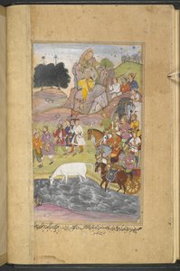 Or.12076 f.7v اكتشاف الحصان Syamakarna بواسطة Bhima الجالس على الجبل فوق مدينة Bhadravati يراقب جنود جيش Raja Yauvanasva. (نارايان خرد) من رزمنة (كتاب الوري) ترجمة المحبة. بواسطة المدرسة الفارسية