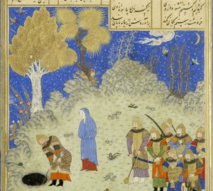 الفارسي 239 fol.180a التفاصيل: رستم ينقذ B؟ zhan من الحفرة ، رسم توضيحي من Shahnama (كتاب الملوك) ، بقلم أبو القاسم منصور فردوسي (c.934-c.1020) ، 1444 بواسطة المدرسة الفارسية