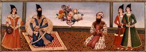 الملك الفارسي فتح علي شاه (1771-1834) يحيط بأعضاء بلاطه لوحة لمدرسة شيراز (شيراز) (القرن التاسع عشر) طهران ، مجموعة فروغي بواسطة المدرسة الفارسية