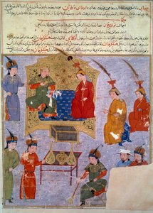 تمثيل لهولاكو خان (1217-1265) ، وهو حفيد منمنمة جنكيز خان الفارسية المأخوذة من "" جامع الطوارخ "(جامع الطوارخ) أو" التاريخ العالمي "للمؤرخ رشيد الدين (آل. din) (1247-1318) حوالي 1430. باريس ، BN بواسطة المدرسة الفارسية
