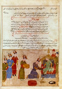 تمثيل أوغودي خان (1186-1241) ، هو ابن جنكيز خان. المنمنمة الفارسية مأخوذة من "" جامع الطوارخ "أو" التاريخ العالمي "للمؤرخ رشيد الدين (الدين) (1247-1318) حوالي عام 1430. باريس ، بن ن. بواسطة المدرسة الفارسية