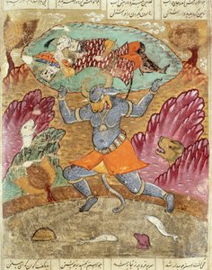 رستم يحملها أكوان ديوا ، رسم توضيحي من شاهناما (كتاب الملوك) لأبو القاسم مانور فردوسي (c.934-c.1020) 1619 بواسطة المدرسة الفارسية
