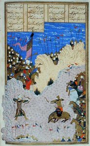 رستم يطلق النار على أشكابوس وحصانه ، رسم إيضاحي من الشاهنامه (كتاب الملوك) لأبي القاسم منصور الفردوسي (934 - 1020) حوالي 1440 - 1445 (قلم وحبر وألوان مائية على ورق) بواسطة المدرسة الفارسية