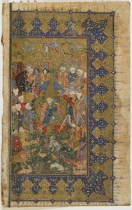 توج سليمان على العرش من الخامسة (الخماسية) ، حوالي 1560 (ألوان مائية غير شفافة وحبر وذهب على ورق) بواسطة المدرسة الفارسية