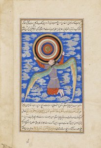 الملاك روه يمسك بالكرات السماوية ، صورة من عجائب المخلوقات لعجائب المخلوقات ، قزويني ، 1550-1600.