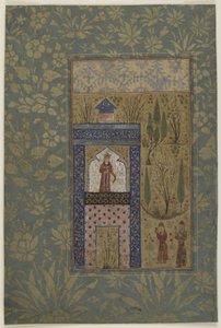شابان أمام أميرة على النافذة ، حوالي 1417-18 (ألوان مائية غير شفافة وذهبية على ورق) بواسطة المدرسة الفارسية