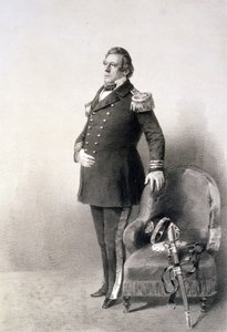 العميد البحري ماثيو كالبرايث بيري (1794-1858) من "مشاهد تصويرية في رحلة اليابان" ، نقشها P. Haas ، نُشر عام 1856 (حفر ضوئي)