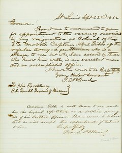 وقعت الرسالة على بي بلاند ، سانت لويس ، إلى إتش آر جامبل ، حاكم ميسوري ، 22 سبتمبر 1862 بواسطة بيتر إي بلاند