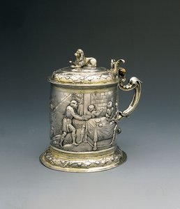 تانكارد ، الجسد يسترد ويطارد مع يعقوب يتصارع مع الملاك ، وإبراهيم وسارة يقدمان الضيافة للثالوث ، دانزج ، حوالي 1690 (طرد فضي مذهب) بواسطة بيتر الثالث روهدي