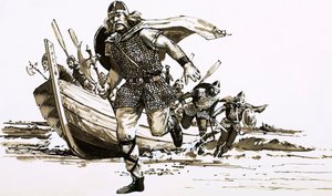 أحضر الملك فورتيجرن زعيمين بربريين - Hengest و Horsa - إلى بريطانيا (جواش على ورق) بواسطة بيتر جاكسون