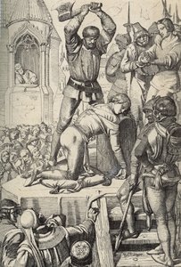 إعدام كونرادين (أو كونراد من هوهنشتاوفن) ملك صقلية ودوق شوابيا (1252-1268) بأمر من تشارلز أنجو بعد معركة تاجلياكوزو عام 1268 (إعدام كونرادين (أو كونراد الأصغر) ، آخر ملوك صقلية ، ستوفر ، بعد