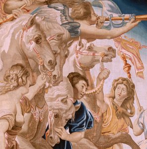 نسيج فلمنكي. سلسلة انتصار القربان المقدس. انتصار الكنيسة (El Triunfo de la Iglesia). النسيج الثامن في السلسلة. نموذج بيتر بول روبنز. 1626-1628. تصنيع Jan II Raes ، بروكسل بواسطة بيتر بول (بعد) روبنز