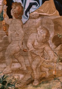 نسيج فلمنكي. سلسلة انتصار القربان المقدس. خلافة الباباوات (La sucesión de los papas). النسيج الثامن عشر في السلسلة. نموذج بيتر بول روبنز. 1626-1628. تصنيع Jan II Raes ، Hans Vervoert ، بروكسل بواسطة بيتر بول (بعد) روبنز