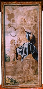 نسيج فلمنكي. سلسلة انتصار القربان المقدس. خلافة الباباوات (La sucesión de los papas). النسيج الثامن عشر في السلسلة. نموذج بيتر بول روبنز. 1626-1628. تصنيع Jan II Raes ، Hans Vervoert ، بروكسل بواسطة بيتر بول (بعد) روبنز
