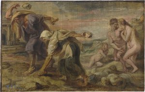 "Deucalion and Pyrrha" لوحة رسمها بيتر بول روبنز (1577-1640) حوالي 1636 - زيت على خشب خافت 26.4x41.7 سم متحف ديل برادو ، مدريد بواسطة بيتر بول روبنز