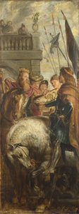 خلاف بين كل من Kings Clothar و Dagobert مع هيرالد من الإمبراطور موريشيوس. Sketch for High Altarpiece ، سانت بافو ، جنت ، 1611 بواسطة بيتر بول روبنز