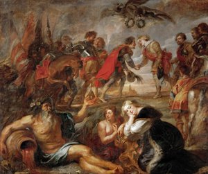 اللقاء بين فرديناند الثالث ملك هابسبورغ (1608-1657) ، ملك المجر وبوهيميا وألمانيا والكرديان الرضيع فرديناند من النمسا (1609-1641) قبل معركة نوردلينجن (1634) - لقاء الملك فرديناند من المجر والكاردينال رضيع بواسطة بيتر بول روبنز