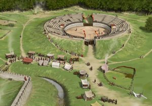 يصل المتفرجون إلى مدرج Silchester Roman City Amphitheatre c250 بعد الميلاد ، c1990-2010
