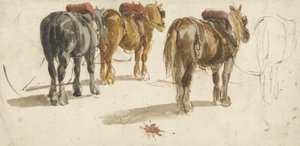 ثلاثة خيول عربة في آثار ، منظر خلفي (ألوان مائية على ورق 0 بواسطة بيتر دي (أتر) وينت