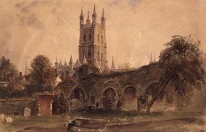 كاتدرائية جلوستر مع أطلال كنيسة سانت كاترين ، حوالي عام 1840 (ألوان مائية مع إبرازات مخدوشة على الورق) بواسطة بيتر دي وينت