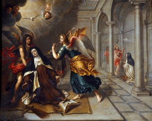 تلتقي القديسة تيريز أوف أفيلا (للطفل يسوع) (1515-1582) بالملاك الذي يخترق قلب لوحته الذهبية التي رسمها بيتر فان ليندت (القرن السابع عشر) ديم. 85x70 سم الجينات ، جاليريا دي بالازو بيانكو