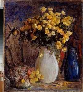 Nenuphars dans un vase blanc (زنابق الماء في إبريق أبيض) - رسم لبيوتر إيفانوفيتش بتروفيتشيف (بيوتر بتروفيتشيف) (1874-1947) ، زيت على قماش - الفن الروسي أواخر القرن التاسع عشر والعشرين ، الحداثة - متحف الدولة الخامس سوريكوف للفنون ، كراسنويارسك (روسيا)