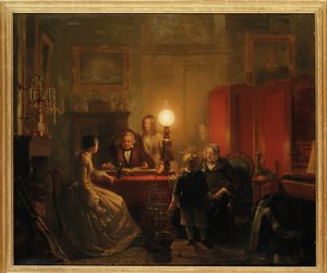 اجتمعت عائلة حول طاولة مضاءة ، 1854 بواسطة بيتروس كيرز